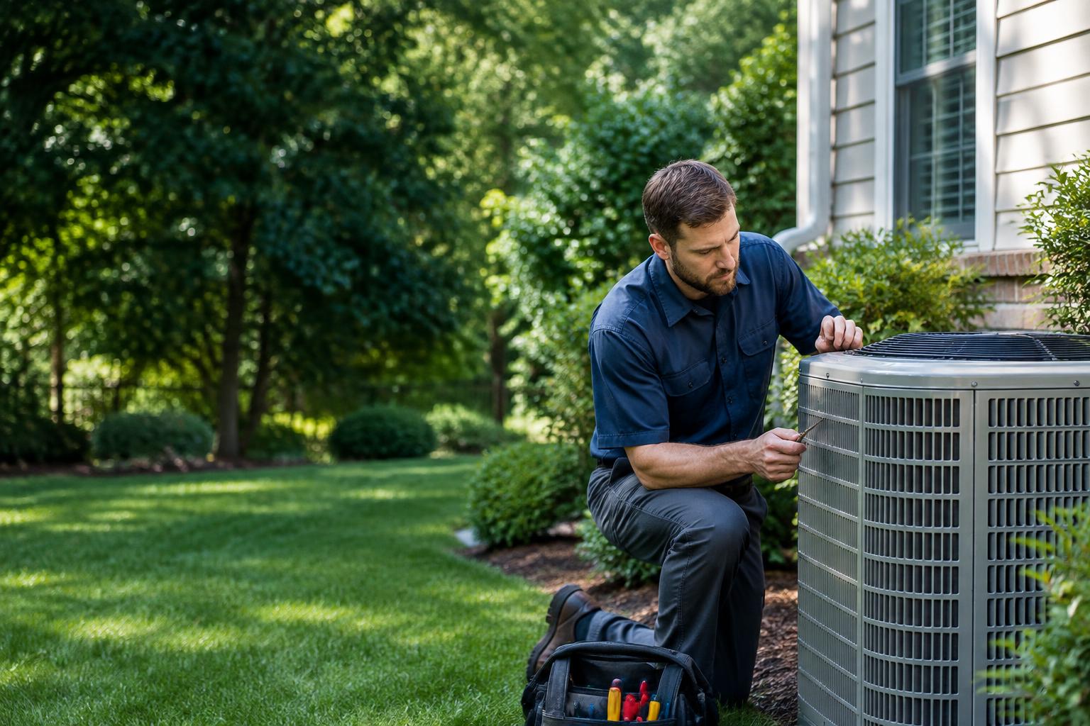 Home service technician working on an air conditioning unit